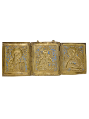 Trittico Deesis in bronzo e smalti, rappresentazione sacra di intercessione con dettagli intricati e colori brillanti.