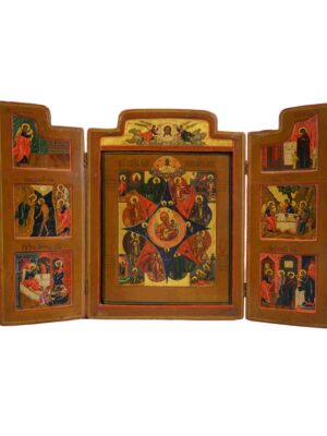 Trittico iconografico della Madre di Dio del Roveto Ardente, inizio XIX secolo, dalla regione di Vladimir, mostrando la Vergine in una composizione intricata e colorata, disponibile su Arte Network Icone.