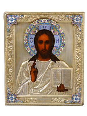 Icona del Pantocrator, realizzata a Mosca con tempera all'uovo su tavola e dettagli in metallo, raffigurante Cristo in maestà, disponibile su Arte Network Icone.