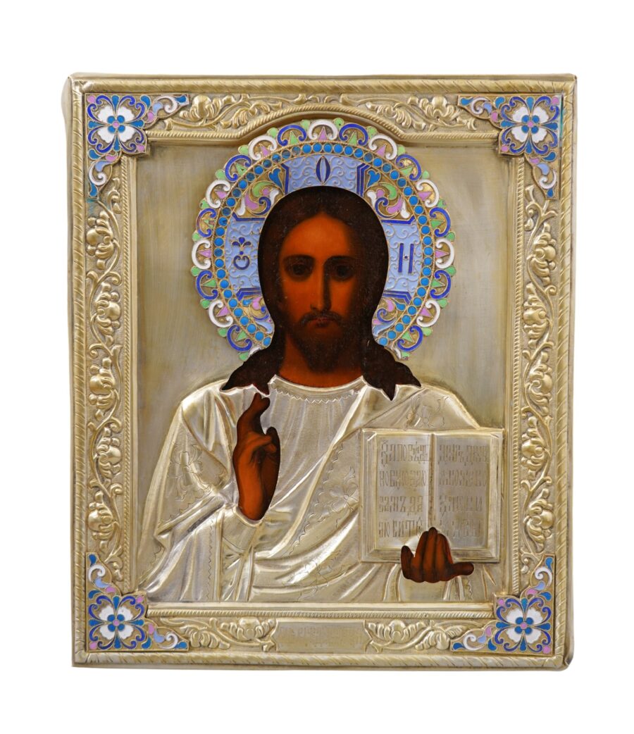 Icona del Pantocrator, realizzata a Mosca con tempera all'uovo su tavola e dettagli in metallo, raffigurante Cristo in maestà, disponibile su Arte Network Icone.