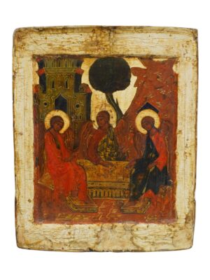 Icona della Trinità dell'Antico Testamento dalla Russia del Nord, mostrando la complessa simbologia e arte sacra russa, disponibile su Arte Network Icone.