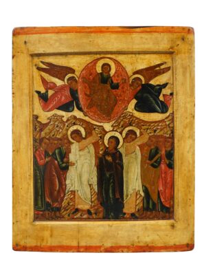 Icona dell'Ascensione del XVIII secolo dalla Russia centrale, raffigurante Cristo che ascende al cielo, circondato dagli apostoli in adorazione, disponibile su Arte Network Icone.