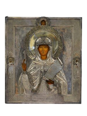 Icona di Santa Parasceva del 1875 con riza in argento, originaria di San Pietroburgo, mostrata in dettaglio su ArteNetworkIcone.it per ammiratori dell'arte religiosa russa.